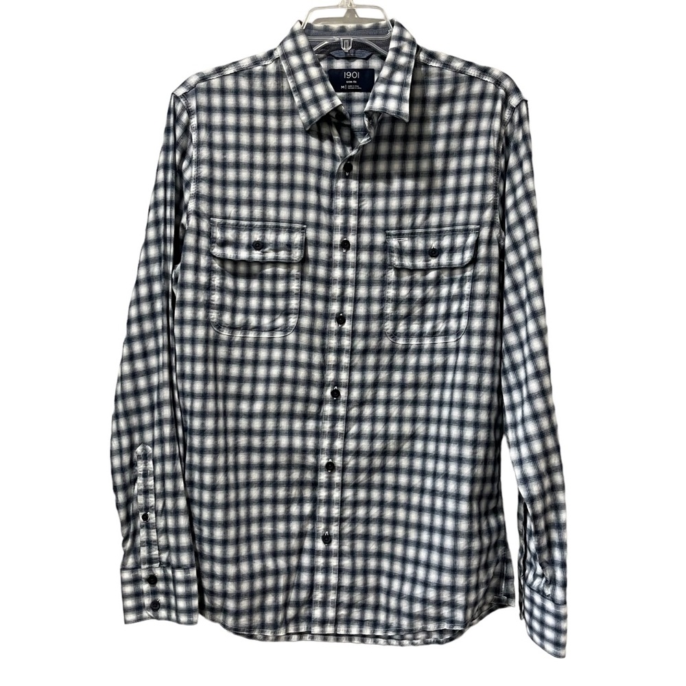 1901 Men's Trim Fit Button Shirt Blue White Blue Plaid‎ Cotton Size Medium